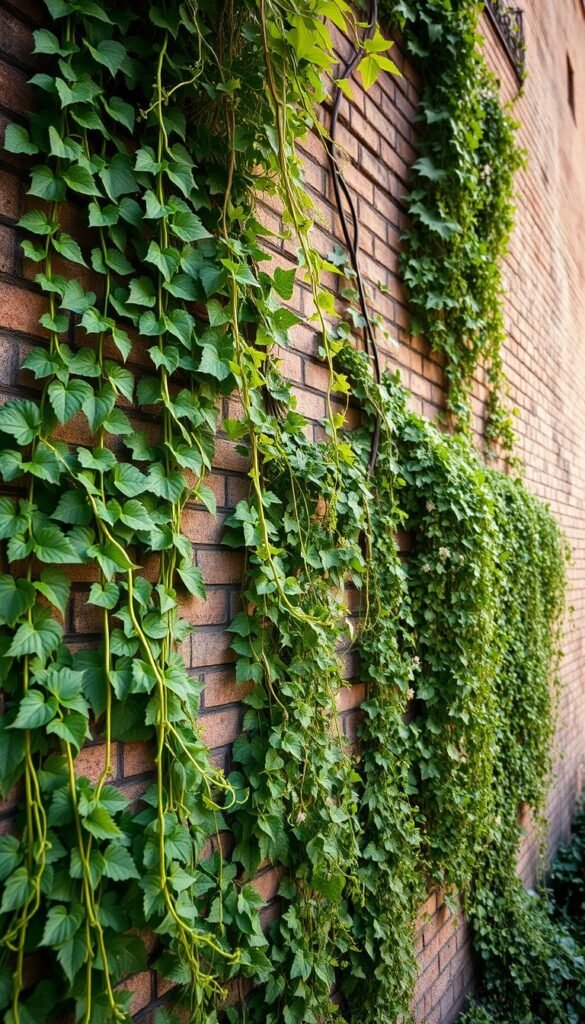 A lush, verdant vertical garden adorns a weathered brick wall, cascading with an abundance of climbing vines and foliage. In the foreground, vibrant green tendrils cling to the textured surface, their leaves gently swaying in a soft, natural light. The middle ground features a harmonious arrangement of trailing plants, their delicate flowers adding pops of color against the earthy backdrop. The background showcases the towering wall, its aged character providing a sense of timelessness to the scene. Composed with a warm, golden-hour glow, this image evokes a serene, tranquil atmosphere, perfectly capturing the essence of incorporating climbing plants and vertical elements into a cohesive garden design.