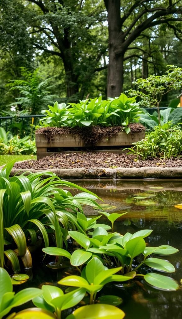 A lush, verdant water garden with a tranquil pond at its center. In the foreground, a diverse array of aquatic plants, their leaves glistening with moisture, cascade gracefully over the pond's edge. The middle ground features a raised, wooden planter filled with nutrient-rich soil, its surface covered in a thick layer of organic mulch. Rainwater runoff is directed into the pond through a series of strategically placed drainage channels, creating a sustainable, closed-loop ecosystem. The background showcases a backdrop of towering trees, their branches casting dappled shadows across the scene, creating a serene, natural ambiance. The overall composition evokes a sense of harmony and environmental balance, capturing the essence of water conservation strategies in an eco-friendly garden setting.