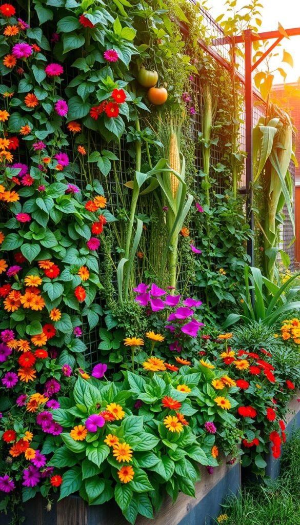 A lush vertical garden bursting with an abundance of colorful flowers and lush, edible greens. In the foreground, cascading vines spill over the edges of raised planters, their vibrant blooms mingling with leafy lettuces and herbs. The middle ground features a mix of trailing nasturtiums, fragrant marigolds, and tall stalks of corn, all thriving in harmony. In the background, a sturdy trellis supports a climbing tomato vine, its ripe fruit peeking through the foliage. Soft, warm lighting filters through the scene, casting a gentle glow and emphasizing the textures and colors of the verdant oasis. The overall composition conveys a sense of natural abundance, with the vertical garden serving as a bountiful haven for pollinators and humans alike.