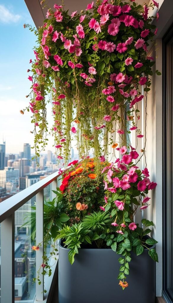 A lush, vertical garden cascading down a modern, urban balcony. The foreground features an assortment of vibrant, blooming flowers and trailing vines in a variety of colors and textures, artfully arranged in tiered planters. The middle ground showcases a sleek, minimalist railing and a glimpse of the bustling city skyline in the distance. Soft, diffused natural lighting bathes the scene, creating a serene and inviting atmosphere. The overall composition suggests a harmonious blend of nature and contemporary design, inspiring creativity and a sense of tranquility in the heart of the urban landscape.