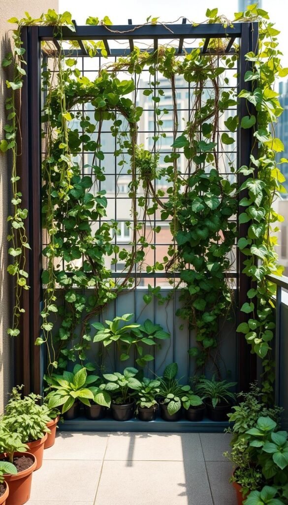 A lush, vertical garden filled with an assortment of thriving vines and climbing plants, their tendrils winding gracefully around a minimalist, modern trellis structure. The trellis, crafted from sleek, dark-stained wood and metal, acts as a stunning architectural focal point, casting intricate shadows that dance across the compact garden beds below. Soft, natural light filters through the foliage, creating a serene, contemplative atmosphere. In the foreground, a variety of potted plants and herbs add pops of vibrant color, while the middle ground features trailing vines cascading down the trellis, creating a sense of depth and layering. The background blends seamlessly with the surrounding environment, hinting at the compact, urban setting. Overall, the scene conveys a harmonious fusion of form and function, offering inspiration for small-space gardeners seeking innovative trellis design ideas.