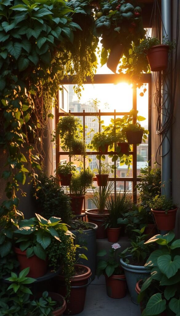 A lush, vertical garden oasis in a tight urban space. The foreground features a variety of thriving potted plants, trailing vines, and hanging baskets, creating a sense of verdant abundance. The middle ground showcases a sturdy, wooden trellis system supporting climbing vegetables and flowers, maximizing the vertical dimension. In the background, the scene is framed by the warm, golden glow of a late afternoon sun, casting long shadows and a cozy, inviting atmosphere. The overall composition emphasizes innovative, space-saving solutions for cultivating a thriving garden, even in the most compact of settings.