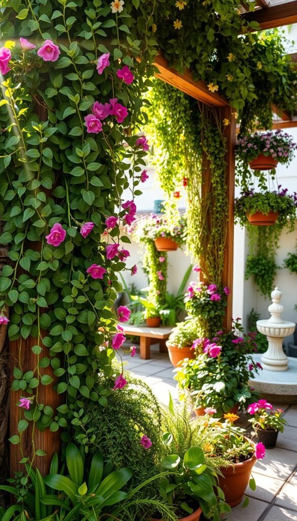 A lush vertical garden oasis, with cascading greenery and vibrant blooms spilling down a rustic wooden trellis. Sunlight filters through the foliage, casting a warm, natural glow. In the foreground, a mix of trailing vines, leafy succulents, and fragrant flowers create a visually striking display. The middle ground features a variety of potted plants and hanging baskets, expertly arranged to maximize vertical space. In the background, a tranquil water feature or small bench provides a serene focal point, inviting the viewer to pause and immerse themselves in the verdant tableau. The overall composition evokes a sense of harmony, balance, and a connection to nature.