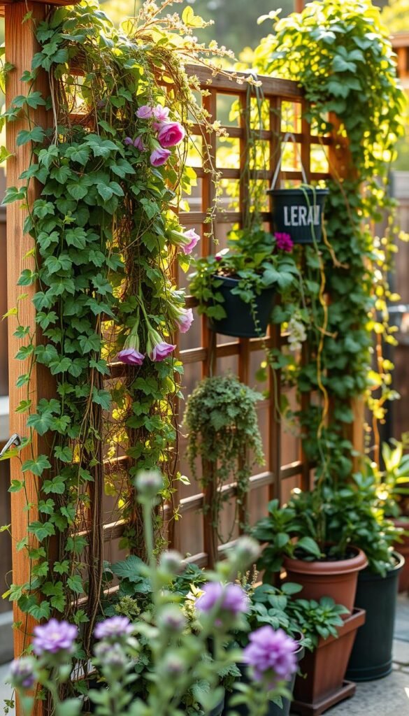 A lush, vertical garden oasis with thriving plants cascading down a rustic wooden trellis. Warm, natural lighting filters through the vibrant foliage, casting delicate shadows across the scene. In the foreground, a variety of climbing vines and trailing flowers spill over the trellis, creating a sense of depth and movement. The middle ground features a mix of potted herbs and leafy greens, strategically arranged to maximize vertical space. In the background, a softly blurred, tranquil outdoor setting, hinting at the small, budget-friendly backyard where this innovative garden solution takes center stage.