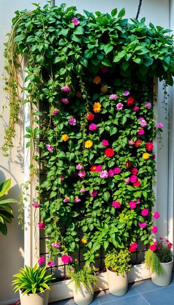 A lush vertical garden with trailing vines, cascading flowers, and lush foliage covering a modern, minimalist trellis system. Warm, diffused natural lighting illuminates the scene, casting gentle shadows and highlighting the vibrant colors. The layout features a variety of plants, including trailing herbs, leafy greens, and colorful annuals, neatly arranged in a harmonious, space-saving design. The overall atmosphere conveys a sense of tranquility, productivity, and efficient use of limited urban space.
