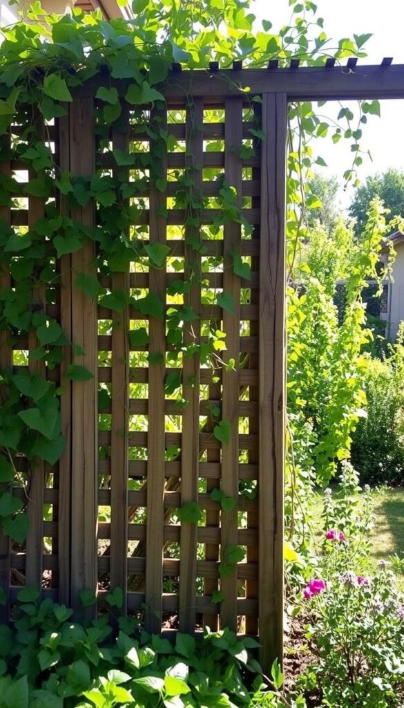 A lush, vertical privacy trellis design composed of interwoven wooden slats and cascading vines. Dappled sunlight filters through the greenery, casting soft shadows across the foreground. The trellis structure stands tall, providing a natural barrier and sense of seclusion within a vibrant, flourishing garden landscape. Delicate tendrils cling to the rustic, weathered wood, adding depth and texture to the scene. The overall mood is one of tranquility and organic harmony, showcasing a creative, space-saving solution for cultivating a private, verdant oasis.