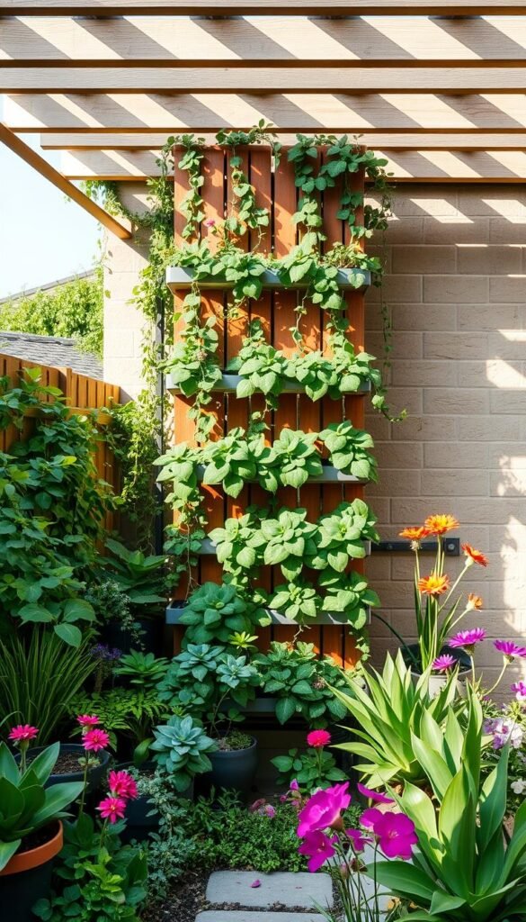 A lush, vertically-tiered garden with cascading greenery and vibrant flowers, set against a backdrop of warm, natural light filtering through a pergola. The foreground features a diverse array of potted plants, succulents, and trailing vines, artfully arranged to create a sense of depth and visual interest. The middle ground showcases a custom-built, modular vertical planter system, its wooden slats and metallic accents complementing the overall aesthetic. In the background, a stone or brick wall provides a textural contrast, while strategic lighting casts gentle shadows that add to the serene, sanctuary-like atmosphere. The overall composition evokes a harmonious fusion of nature and human ingenuity, showcasing how a small backyard can be transformed into a verdant, space-efficient oasis.