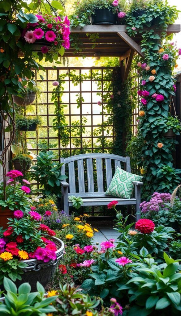 A lush, vibrant DIY garden design for a cozy small backyard. In the foreground, a mix of colorful flowering plants and lush greenery in creative raised planters and hanging baskets. In the middle ground, a weathered wooden bench nestled among the greenery, inviting visitors to relax. In the background, a trellis covered in vines and climbing flowers creates a natural, secluded ambiance. Warm, diffused natural lighting filters through the foliage, casting gentle shadows and highlighting the textures of the diverse plantlife. The overall composition exudes a serene, welcoming atmosphere, inspiring ideas for simple yet impactful DIY garden design in compact outdoor spaces.
