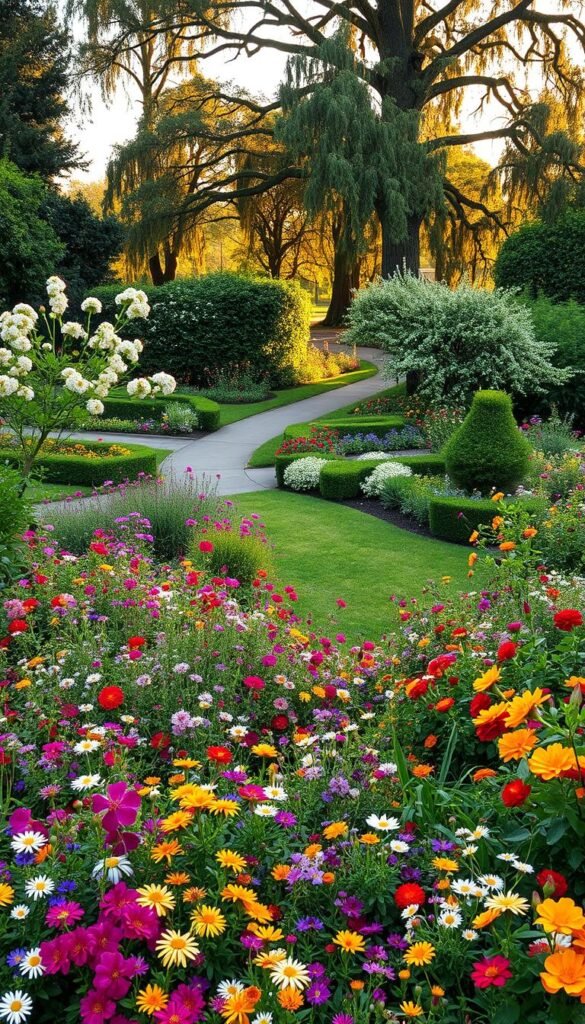 A lush, vibrant English garden filled with a diverse array of blooming flowers and verdant foliage. In the foreground, an abundance of colorful perennials and annuals cascade across the landscape, creating a tapestry of textures and hues. The middle ground features carefully curated shrubs and small trees, their branches laden with delicate blossoms. In the background, a winding pathway leads the eye through the tranquil scene, flanked by towering mature trees that filter the warm, golden light. The overall atmosphere evokes a sense of timeless elegance and natural harmony, befitting the traditions of classic English garden design.