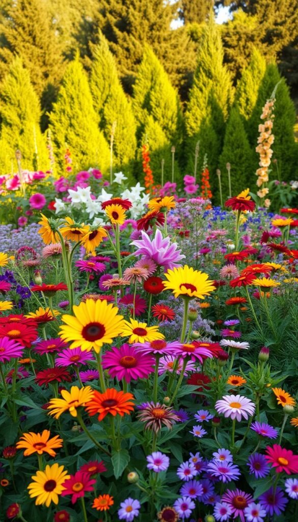 A lush, vibrant backyard flower garden in full bloom, with a diverse array of colorful, year-round flowering plants. In the foreground, a mix of vibrant annuals and perennials, including cheerful sunflowers, bold zinnias, and delicate cosmos. The middle ground features a variety of perennial blooms, such as fragrant peonies, vibrant daylilies, and towering hollyhocks. The background showcases a verdant backdrop of evergreen shrubs and trees, creating a sense of depth and tranquility. The scene is bathed in warm, golden afternoon light, casting a serene glow over the entire garden. The overall composition evokes a feeling of abundant, carefree beauty, perfect for a flourishing year-round backyard flower garden.