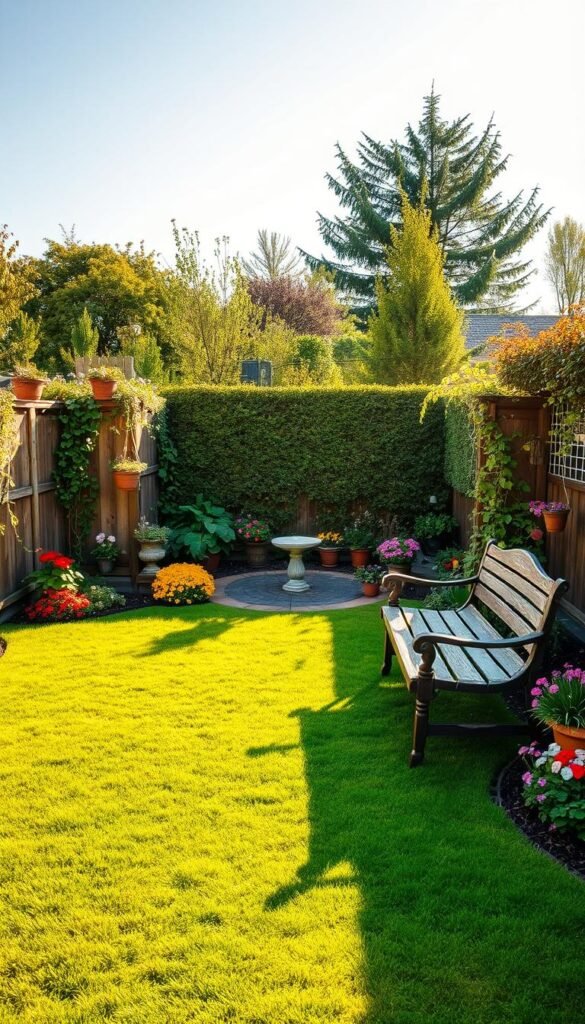 A lush, vibrant backyard with a well-manicured lawn, flourishing garden beds, and a cozy seating area. The sun casts a warm, golden glow, casting long shadows across the space. In the foreground, a rustic wooden bench invites relaxation, surrounded by colorful, low-maintenance perennials. Trailing vines and potted plants adorn the fences, creating a natural, inviting ambiance. In the middle ground, a simple water feature, such as a small fountain or birdbath, adds a soothing, tranquil element. The background features a mix of flowering shrubs, trees, and a neatly trimmed hedge, providing a sense of privacy and enclosure. The overall scene exudes a budget-friendly, yet visually appealing and serene atmosphere, inspiring ideas for an affordable backyard transformation.