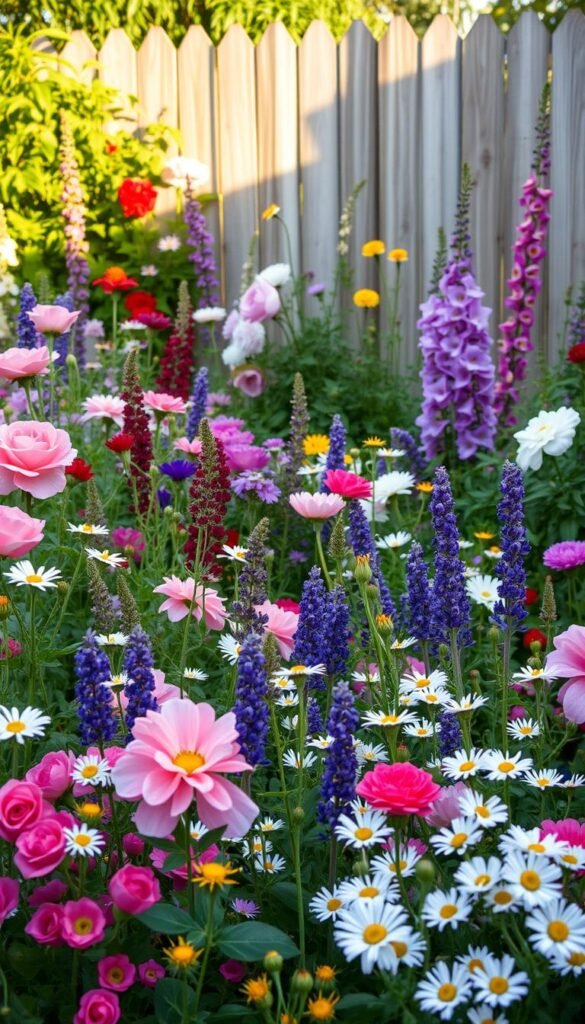 A lush, vibrant cottage garden bursting with a captivating mix of blooms. In the foreground, an array of delicate florals including dainty English roses, cheerful daisies, and fragrant lavender. The middle ground showcases a tapestry of swaying perennials - columbines, peonies, and foxgloves - their colors dancing in the soft, golden light. In the background, a picturesque wooden fence frames the scene, its weathered texture complementing the rustic, idyllic atmosphere. The whole composition exudes a sense of peaceful tranquility, inviting the viewer to step into this enchanting, flower-filled haven. A lush, vibrant cottage garden bursting with a captivating mix of blooms. In the foreground, an array of delicate florals including dainty English roses, cheerful daisies, and fragrant lavender. The middle ground showcases a tapestry of swaying perennials - columbines, peonies, and foxgloves - their colors dancing in the soft, golden light. In the background, a picturesque wooden fence frames the scene, its weathered texture complementing the rustic, idyllic atmosphere. The whole composition exudes a sense of peaceful tranquility, inviting the viewer to step into this enchanting, flower-filled haven.