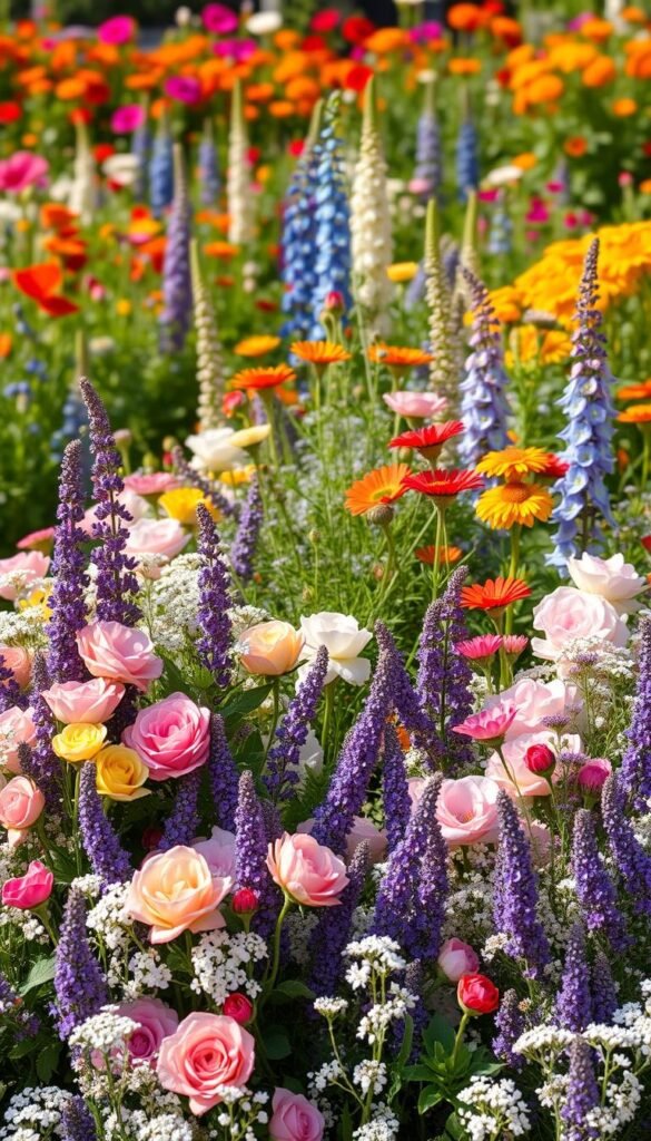 A lush, vibrant cottage garden bursting with a harmonious blend of colorful flowers. In the foreground, a mixture of cheerful English roses, fragrant lavender, and delicate baby's breath create a charming, rambling display. The middle ground features a tapestry of peonies, delphiniums, and foxgloves, their tall spikes adding height and drama. In the background, a softly blurred border of billowing poppies, cosmos, and marigolds frames the scene, casting a warm, golden glow. The lighting is natural and diffused, casting gentle shadows and highlights that accentuate the garden's organic, pastoral beauty. Captured with a wide-angle lens to showcase the bountiful, whimsical arrangement of blooms.