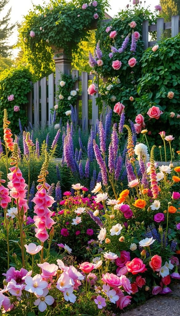 A lush, vibrant cottage garden filled with an abundance of colorful blooms and lush foliage. In the foreground, delicate flowers like cottage pinks, foxgloves, and English roses spill over a stone path, their petals softly illuminated by warm, golden afternoon light. In the middle ground, a mix of billowing lavender, rosemary, and sage plants create a soothing, aromatic border, while behind them, a trellis is adorned with cascading vines and climbing roses. In the background, a charming wooden fence is partially obscured by a tangle of climbing jasmine and honeysuckle, evoking a sense of timeless, romantic tranquility. The entire scene is bathed in a soft, hazy glow, transporting the viewer to a picturesque English countryside.
