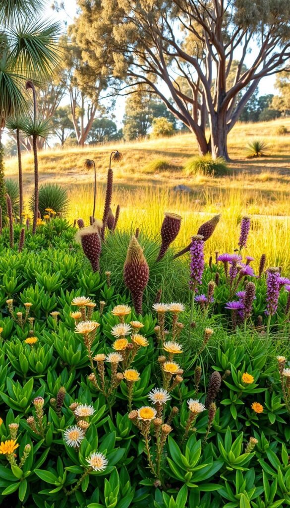 A lush, vibrant display of Australian native plants in a natural setting. The foreground features a variety of lush, green foliage with delicate flowers in warm hues of pink, yellow, and purple. The middle ground showcases larger, structural plants like banksia and grevillea, their unique shapes and textures creating visual interest. In the background, a gently sloping landscape with eucalyptus trees and native grasses sets the scene, bathed in warm, golden sunlight that filters through the canopy. The overall composition conveys a sense of harmony and balance, highlighting the beauty and diversity of Australia's indigenous flora.
