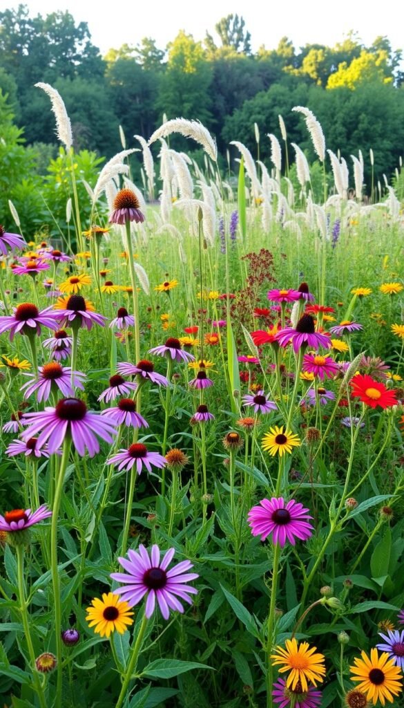 A lush, vibrant display of native wildflower species, captured in a naturalistic garden setting. In the foreground, delicate blooms of purple coneflowers, black-eyed Susans, and blazing stars sway gently in a soft breeze. The midground features a mix of tall, swaying grasses and clusters of colorful blooms, including bee balm, wild bergamot, and cardinal flowers. In the background, a verdant backdrop of native trees and shrubs creates a peaceful, woodland-inspired atmosphere. The scene is bathed in warm, golden light, lending a serene and inviting mood. Captured with a wide-angle lens to showcase the abundance and diversity of this pollinator-friendly garden.