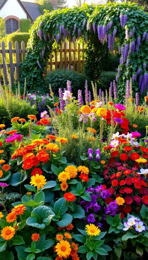 A lush, vibrant edible ornamental garden overflowing with a variety of blooming flowers, leafy greens, and trailing vines. The foreground features colorful marigolds, nasturtiums, and pansies nestled among kale, Swiss chard, and edible flowers. The middle ground showcases a mix of herbs like rosemary, thyme, and lavender, complemented by cascading trailing plants. In the background, a picturesque view of a cottage-style fence and a garden arch draped in blooming vines create a charming, inviting atmosphere. Soft, warm lighting filters through the scene, casting a golden glow and accentuating the natural textures and vibrant colors. The overall composition conveys a sense of abundant productivity and visual delight.