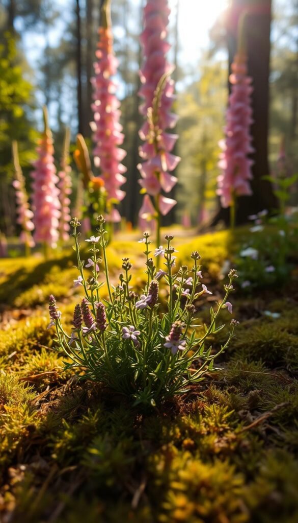 A lush, vibrant fairy garden nestled in a sun-dappled forest clearing. In the foreground, a cluster of fragrant thyme plants with delicate purple flowers sway gently in a light breeze. Behind them, tall foxglove stalks with pink and white bell-shaped blooms rise up, creating a magical, enchanted atmosphere. The rich, loamy soil is covered in a carpet of soft moss, and the scene is bathed in warm, golden-hour lighting, casting a ethereal glow over the entire composition. The camera angle is low, placing the viewer amidst the whimsical flora, inviting them to immerse themselves in this verdant, enchanted oasis.