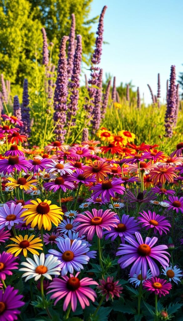A lush, vibrant flower bed filled with a diverse array of pollinator-friendly blooms. In the foreground, a colorful tapestry of daisies, coneflowers, and zinnias sway gently in a soft breeze. The middle ground features towering stalks of lavender and cosmos, their delicate petals catching the warm, golden afternoon light. In the background, a backdrop of verdant foliage and a clear blue sky create a serene, natural setting. The composition is balanced and visually striking, designed to attract a variety of bees, butterflies, and hummingbirds that flit and flutter amongst the flowers. Crisp, high-resolution, hyper-realistic.
