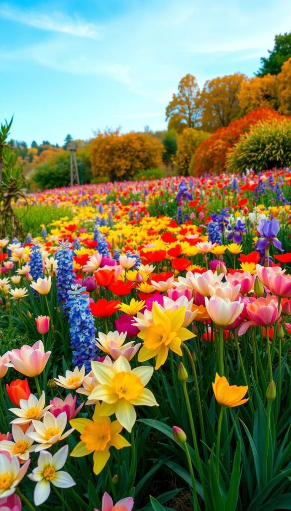 A lush, vibrant flower garden in a natural landscape, showcasing a harmonious color palette that evolves through the seasons. In the foreground, a mix of early spring blooms such as tulips, daffodils, and hyacinths in a range of pastel hues. In the middle ground, a riot of summer colors with peonies, irises, and poppies in bold, saturated tones. In the background, a tapestry of autumn foliage in a warm spectrum of reds, oranges, and golds, creating a striking contrast against the azure sky. Soft, diffused lighting filters through the scene, accentuating the delicate textures and intricate details of the flowers. Captured with a wide-angle lens to provide a comprehensive, panoramic view of the garden's dynamic seasonal beauty.