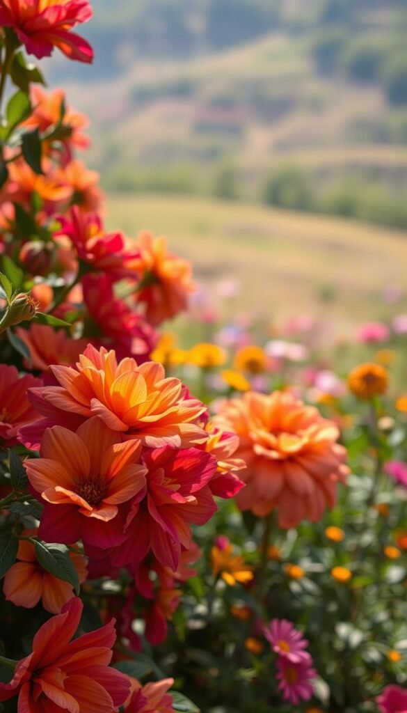 A lush, vibrant flower garden in soft, diffused natural light. In the foreground, a structured arrangement of colorful blooms - velvety petals in shades of crimson, peach, and goldenrod. Delicate layers of petals intertwine, creating a tactile, almost sculptural quality. The middle ground features a mix of smaller flowers in a harmonious palette, their petals catching the light and casting intricate shadows. In the background, a blurred, impressionistic landscape provides a dreamy, ethereal backdrop, hinting at the larger garden setting. The overall composition emphasizes the interplay of color, texture, and light, evoking a sense of beauty, structure, and tranquility.