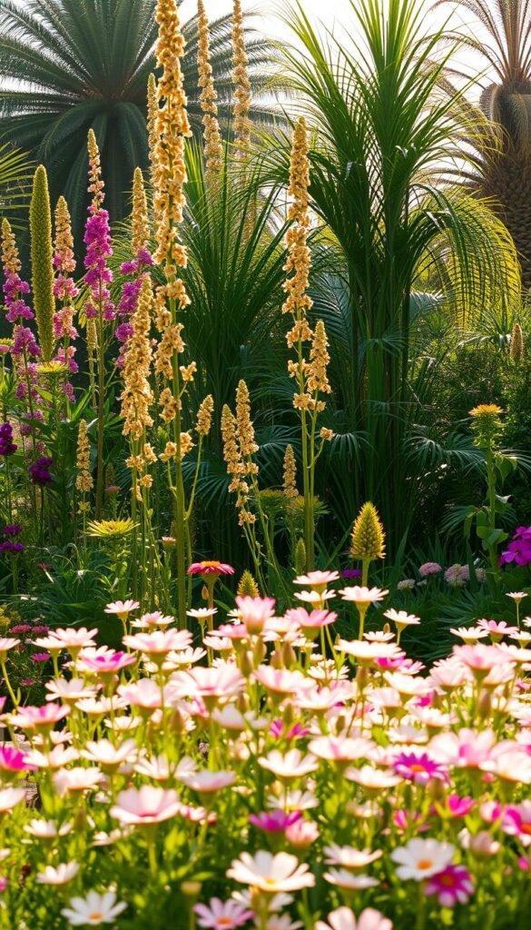 A lush, vibrant flower garden with varied layers of height and texture. In the foreground, a soft carpet of delicate blooms cascades down, their petals gently billowing in a light breeze. The middle ground features towering perennials, their stalks rising gracefully and their flowers nodding atop sturdy stems. Tall, architectural plants anchor the background, their leaves and fronds creating a living tapestry of shapes and shadows. Warm, golden sunlight filters through the scene, casting a radiant glow and accentuating the interplay of colors and forms. The overall composition conveys a sense of natural harmony and visual depth, inviting the viewer to explore the layered beauty of this carefully curated garden design.