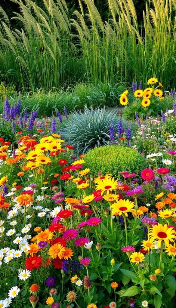 A lush, vibrant garden bursting with a harmonious combination of perennials and annuals. In the foreground, a mix of colorful blooms in various shapes and sizes - from delicate daisies to bold sunflowers - creating a captivating tapestry. The middle ground features a carefully curated arrangement of low-growing plants, their foliage adding texture and depth. Behind them, towering perennials sway gently in the warm, golden light, casting dynamic shadows across the scene. The overall composition strikes a balance between structured and natural, inviting the viewer to appreciate the beauty of a well-planned, year-round flowering display.