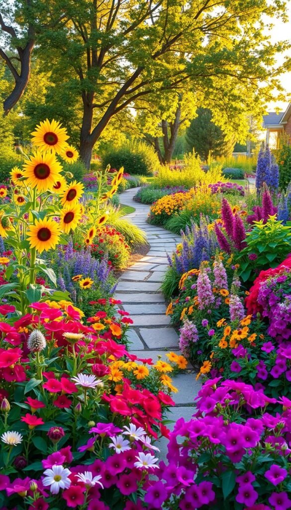 A lush, vibrant garden bursting with a kaleidoscope of blooming flowers. In the foreground, a carefully curated mix of colorful annuals and perennials, including towering sunflowers, delicate lilies, and cascading petunias. In the middle ground, a meandering stone path winds through the verdant foliage, inviting exploration. The background features a mix of mature trees and shrubs, providing a natural, organic backdrop. Warm, golden sunlight filters through the leaves, casting a soft, romantic glow over the entire scene. The overall composition exudes a sense of harmony and balance, creating a captivating pollinator-friendly oasis.