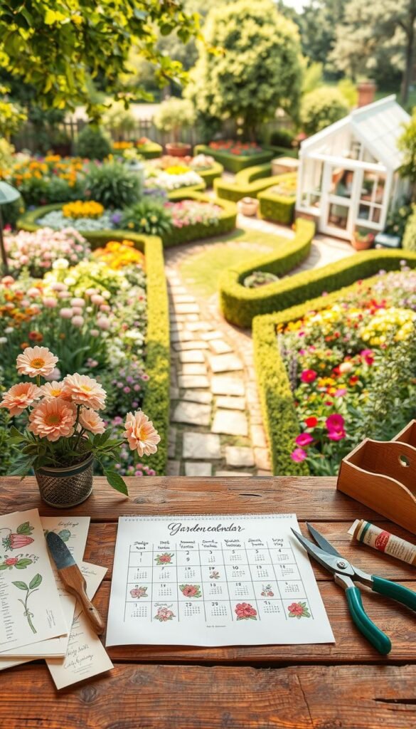 A lush, vibrant garden calendar showcasing the seasonal tasks and blooms of a thriving backyard oasis. In the foreground, detailed illustrations of gardening tools, seed packets, and pruning shears rest atop a weathered wooden table. The middle ground features a hand-drawn calendar grid, each month adorned with delicate flower sketches. In the background, a sprawling garden bursts with life - colorful beds of perennials, neatly trimmed hedges, and a winding stone pathway leading to a quaint greenhouse. Warm, natural lighting filters through, casting a soft, inviting glow. The overall composition evokes a sense of organization, productivity, and the joyful rhythm of a well-tended garden.