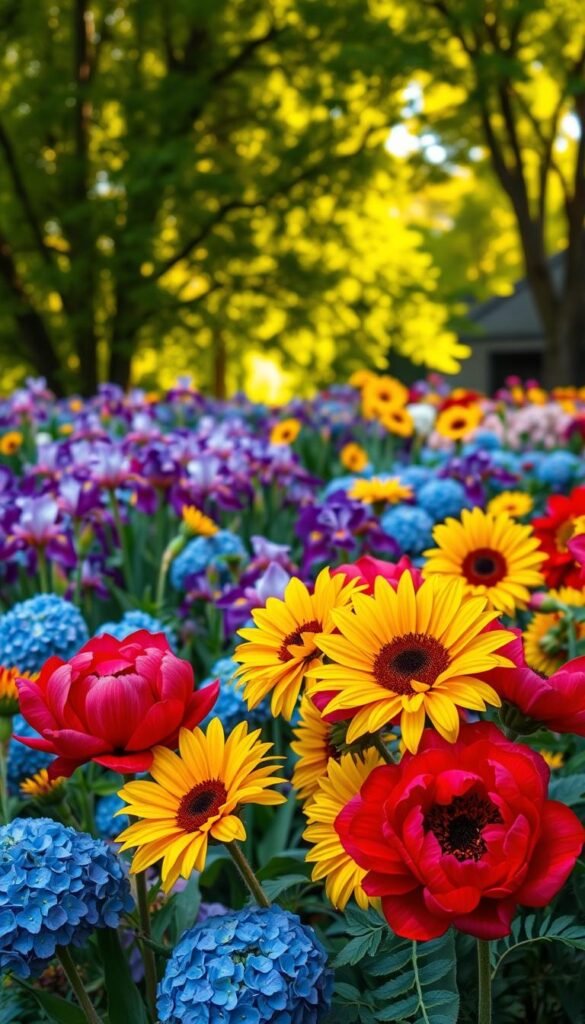 A lush, vibrant garden filled with complementary color schemes. In the foreground, bold red peonies and bright yellow sunflowers create a striking contrast, their petals gently swaying in the soft breeze. Behind them, a mix of purple irises and blue hydrangeas fill the middle ground, their hues harmonizing to produce a visually captivating display. The background features a verdant canopy of trees, casting a warm, golden light across the scene, accentuating the vivid colors. The overall composition evokes a sense of balanced elegance and artistic mastery, inspiring awe and delight in the viewer.