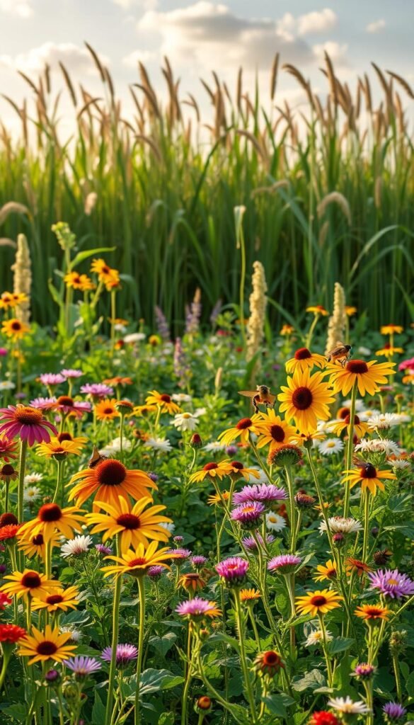 A lush, vibrant garden filled with native flowers buzzing with pollinators. In the foreground, clusters of colorful blooms like sunflowers, coneflowers, and milkweed sway gently in a soft breeze. The middle ground showcases a mix of low-growing plants like clover, asters, and bee balm, creating a diverse nectar-rich landscape. In the background, tall stalks of native grasses provide shelter and nesting sites for a variety of pollinators. Warm, golden sunlight filters through wispy clouds, casting a serene, inviting atmosphere. The scene evokes a thriving, harmonious ecosystem where pollinators can thrive.