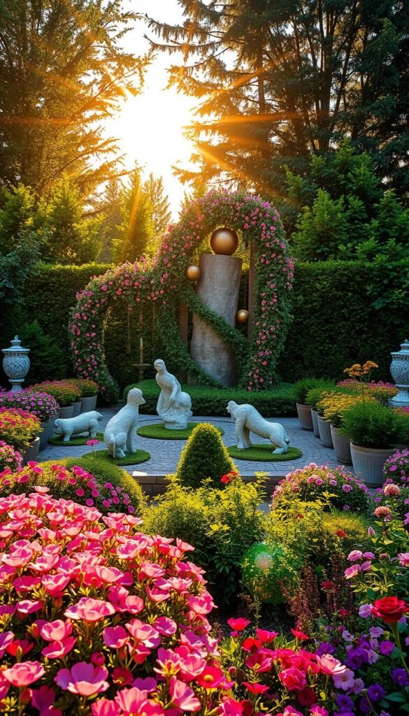 A lush, vibrant garden oasis, illuminated by the warm glow of the afternoon sun. At the center, a striking focal point - a carefully curated arrangement of sculptural garden art pieces, interwoven with cascading vines and blooming flowers. Textured stone and intricate metalwork create a mesmerizing visual contrast, drawing the eye towards this captivating display. The foreground is filled with a riot of color, from delicate petals to verdant foliage, while the middle ground features a mix of decorative elements and potted plants, leading the viewer's gaze towards the stunning focal point. In the background, a backdrop of verdant trees and shrubs sets the stage, adding depth and a sense of tranquility to the scene. The overall composition evokes a sense of harmony, inviting the viewer to linger and appreciate the beauty of this carefully curated garden oasis.