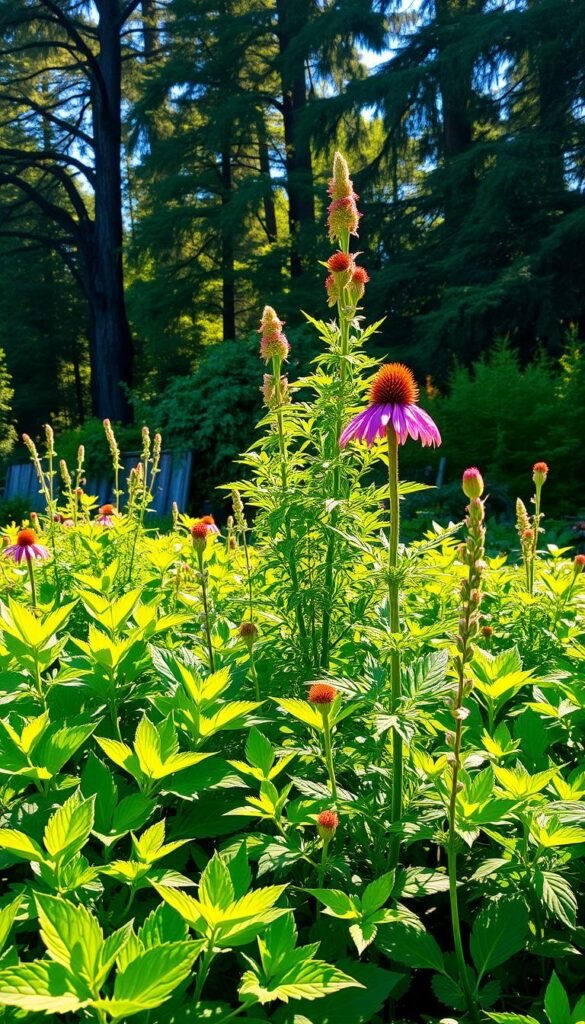 A lush, vibrant garden of fast-growing medicinal herbs, bathed in warm, golden sunlight. In the foreground, a diverse array of leafy green plants, their verdant foliage rustling in a gentle breeze. Towering in the middle ground, a flourishing stand of echinacea, its vibrant purple flowers reaching towards the sky. In the background, a backdrop of towering, old-growth trees, casting dappled shadows across the scene. The overall mood is one of abundant, natural vitality, inviting the viewer to appreciate the power and potential of these remarkable, fast-growing medicinal plants.