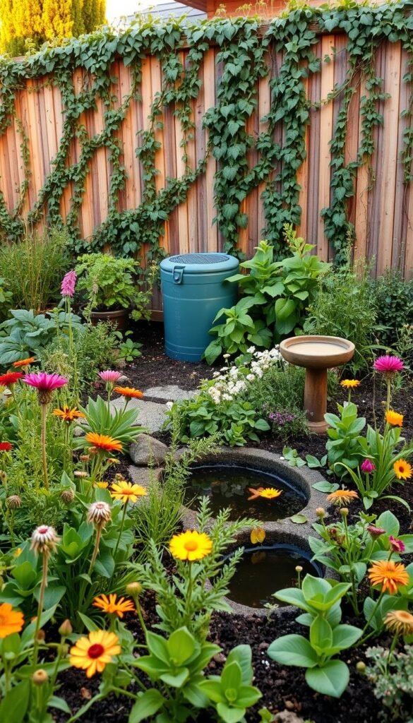 A lush, vibrant garden reflecting eco-gardening principles. In the foreground, diverse flora including native flowers, herbs, and vegetables thrive in a well-tended, chemical-free soil. A small pond or birdbath serves as a water source, attracting pollinators like bees and butterflies. In the middle ground, a compost bin and rain barrel demonstrate sustainable practices. The background features a wooden fence draped with climbing vines, creating a natural boundary. The lighting is soft and warm, casting a golden glow over the scene. The overall atmosphere is one of harmony, balance, and a deep connection to the natural world.