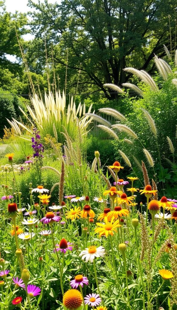 A lush, vibrant garden scene featuring native host plants thriving in a warm, sunlit environment. In the foreground, a variety of colorful wildflowers and pollinator-friendly perennials sway gently in a light breeze. The middle ground showcases a mix of native shrubs and grasses, providing shelter and nectar sources for butterflies, bees, and other beneficial insects. In the background, a verdant canopy of native trees casts a soft, dappled light across the scene, creating a sense of depth and natural harmony. The overall composition conveys the beauty and importance of designing with indigenous flora to support a thriving, biodiverse ecosystem.