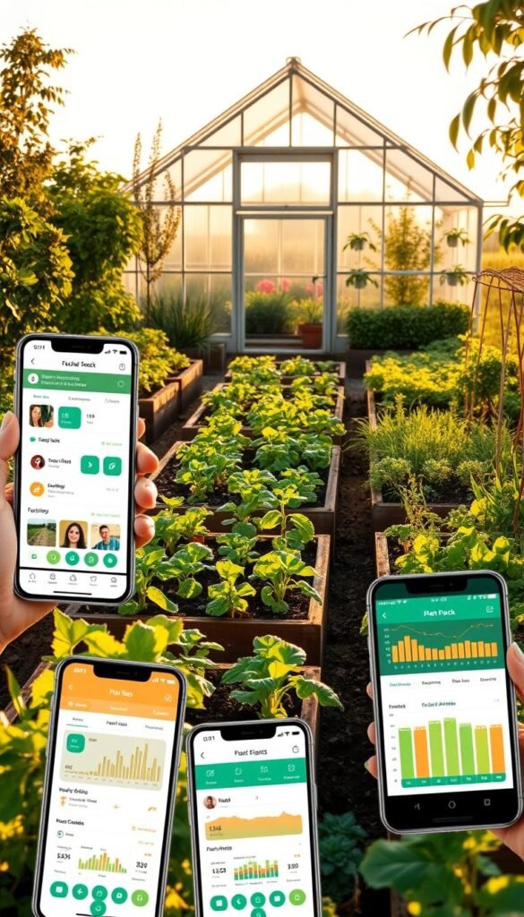 A lush, vibrant garden scene showcasing a variety of garden planning apps and tools. In the foreground, several mobile devices display different app interfaces, each highlighting key features like plant tracking, scheduling, and yield analysis. The middle ground features neatly organized raised garden beds, with a diverse array of plants and vegetables thriving under the warm, golden light of the afternoon sun. In the background, a tranquil greenhouse structure frames the scene, conveying a sense of order and productivity. The overall composition evokes a harmonious blend of technology and nature, inspiring the viewer to explore the possibilities of smart gardening.
