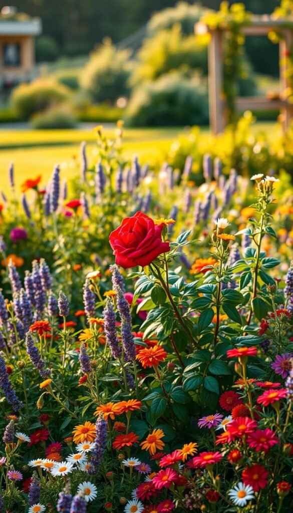 A lush, vibrant garden scene showcasing an array of companion plants thriving alongside a stunning rose bush. In the foreground, a diverse tapestry of blooming annuals and perennials, including lavender, marigolds, and daisies, creating a harmonious color palette. The rose bush, its full crimson petals the focal point, stands tall and proud in the middle ground, surrounded by the complementary foliage. In the background, a softly blurred landscape with hints of a garden shed or trellis, evoking a sense of depth and natural setting. The lighting is warm and golden, casting a gentle glow over the entire scene, capturing the essence of an ideal rose garden companion planting.