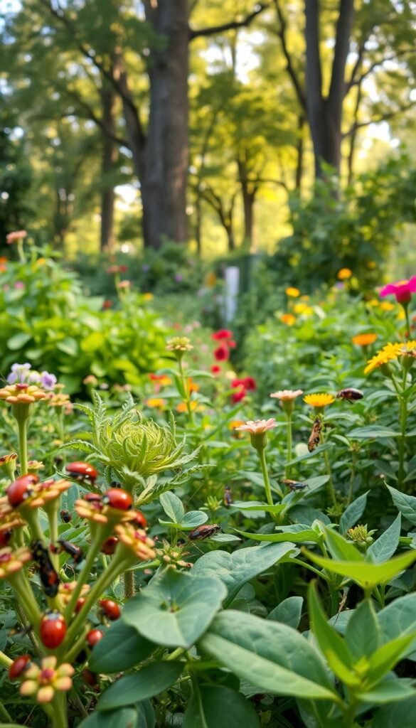 A lush, vibrant garden scene with an abundance of natural pest control methods. In the foreground, various beneficial insects like ladybugs, lacewings, and praying mantises are depicted in a close-up, their intricate details captured with a shallow depth of field. In the middle ground, a diverse array of thriving plants, including herbs, flowers, and companion crops, create a harmonious and inviting landscape. The background features a sun-dappled woodland edge, with towering trees and a soft, diffused lighting that casts a warm, natural glow over the entire scene. The overall atmosphere conveys a sense of balance, sustainability, and the beauty of embracing nature's own pest control mechanisms.