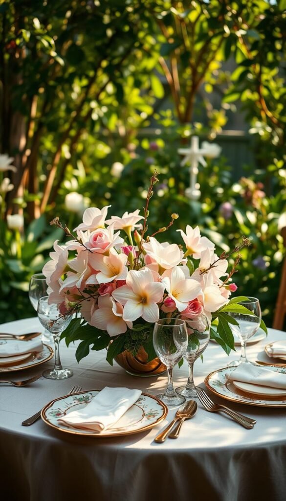 A lush, vibrant garden setting with intricate, nature-inspired place settings graces a delicately laid table. Fragrant blooms in soft pastel hues adorn the center, their petals gently illuminated by warm, natural lighting. Delicate china, shimmering glassware, and rustic wooden accents create a harmonious tablescape. Intricate leaf and flower motifs elegantly embellish the plates, silverware, and napkins, seamlessly blending the indoors and outdoors. Filtered sunlight filters through the surrounding greenery, casting a tranquil, serene atmosphere. An enchanting, whimsical scene that evokes a sense of effortless elegance and a celebration of nature's beauty.