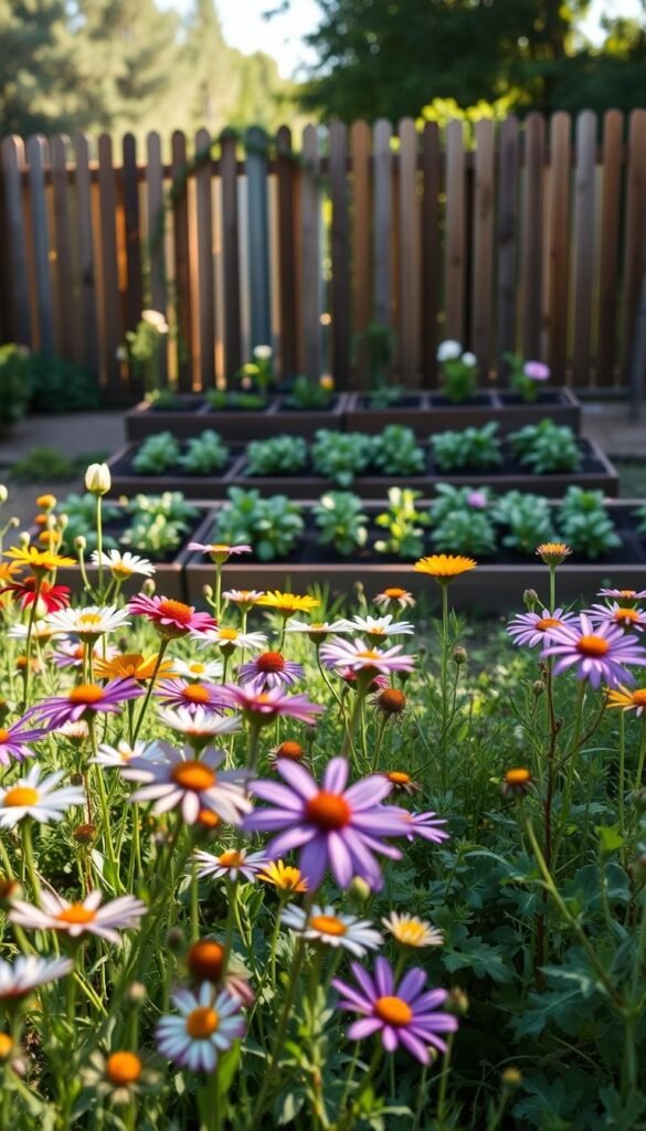 A lush, vibrant garden showcasing a seasonal planting schedule. In the foreground, an array of wildflowers in bloom, their petals dancing in the soft, warm light. In the middle ground, neatly organized raised garden beds with various plants at different stages of growth. The background features a rustic wooden fence, framing the scene and creating a sense of depth. The overall composition captures the harmony of nature, with a color palette that evokes the essence of the changing seasons. The lighting is natural and diffused, casting gentle shadows and highlighting the textural details of the plants. The perspective is slightly elevated, offering a holistic view of the thriving garden and its carefully curated planting schedule.