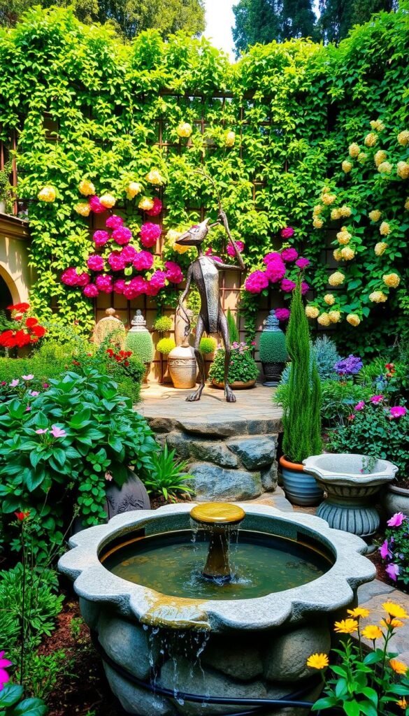 A lush, vibrant garden showcasing an array of custom-crafted focal points and unique garden art. In the foreground, a handcrafted stone fountain cascades into a tranquil pool, surrounded by a tapestry of flowering plants and trailing vines. In the middle ground, a whimsical metal sculpture, artfully shaped like a mythical creature, stands guard over the space. In the background, a wall of verdant trellises supports a variety of climbing blooms, casting a warm, dappled light across the scene. The overall atmosphere evokes a sense of enchantment and personal expression, inviting the viewer to explore and discover the hidden delights of this enchanting garden oasis.