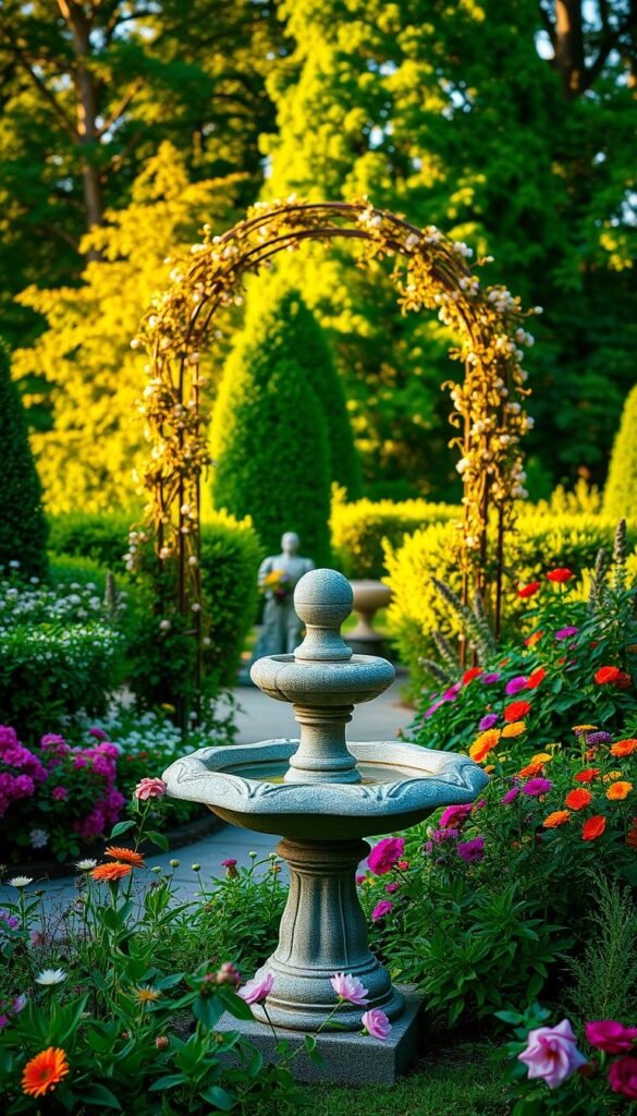 A lush, vibrant garden with a stunning focal point. In the foreground, a well-crafted stone birdbath or fountain, surrounded by a colorful array of blooming flowers and lush greenery. The middle ground features a delicate wrought-iron arch or trellis, draped with cascading vines and trailing flowers. In the background, a backdrop of verdant trees and shrubs, bathed in the warm glow of golden-hour sunlight, creating a serene and inviting atmosphere. The overall composition is balanced, with a sense of depth and visual interest that draws the eye to the captivating central feature. The scene exudes a tranquil, rejuvenating ambiance, perfect for a peaceful garden retreat.