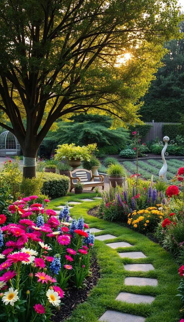 A lush, vibrant garden with distinct zones that showcase a harmonious blend of natural elements and personal touches. In the foreground, a well-defined path winds through a carefully curated flower bed, the blooms bursting with color and texture. The middle ground features a cozy seating area nestled under the shade of a mature tree, inviting visitors to pause and savor the tranquility. In the background, a neatly tended vegetable patch and a whimsical garden sculpture add depth and character. Soft, warm lighting filters through the canopy, casting a golden glow and creating an inviting, serene atmosphere. The entire scene reflects the gardener's unique style and their connection to the land.