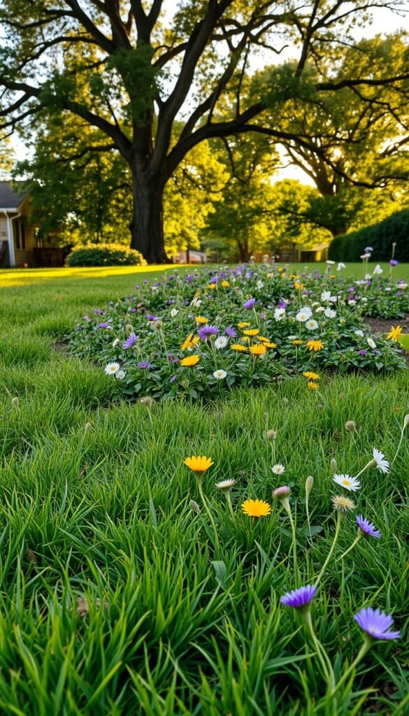 A lush, vibrant lawn transitioning into a thriving natural garden. In the foreground, patches of grass gradually give way to flourishing wildflowers, vibrant hues of purple, yellow, and white blooms. The middle ground showcases a mix of low-growing plants, their leaves and stems intertwining, creating a dense, textured tapestry. In the background, mature trees cast a warm, dappled light, their branches casting gentle shadows across the evolving landscape. The scene is bathed in a soft, golden glow, conveying a sense of transformation and growth. A wide-angle lens captures the gradual shift, with a focus on the layers of change, from the receding lawn to the emerging natural oasis.