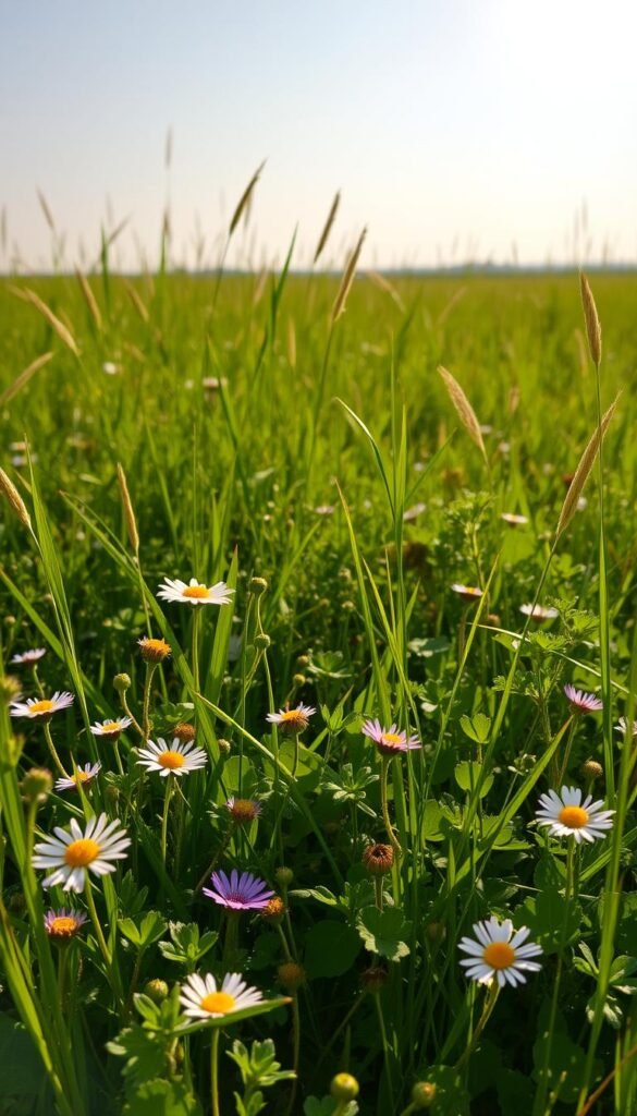 A lush, vibrant meadow stretches out under a warm, golden sunlight. In the foreground, a close-up view showcases the delicate petals and verdant foliage of a diverse array of wildflowers - daisies, buttercups, and clover intermingle in a harmonious tapestry. The middle ground reveals tall grasses swaying gently in a light breeze, their tips reflecting the sun's rays. In the background, a hazy horizon line blends the meadow into the tranquil blue sky above, creating a sense of peaceful, pastoral beauty. The overall scene evokes a feeling of serene, natural abundance - a thriving ecosystem ready to be nurtured and cared for.
