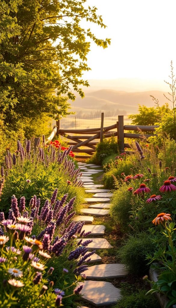 A lush, vibrant medicinal herb garden bathed in warm, golden sunlight. In the foreground, a diverse array of healing plants - fragrant lavender, soothing chamomile, nourishing echinacea, and other restorative herbs - grow in tidy rows. The middle ground features a winding stone path leading through the garden, inviting the viewer to explore. In the background, a rustic wooden fence and a backdrop of rolling hills create a serene, pastoral scene. The overall atmosphere is one of tranquility, abundance, and the restorative power of nature.