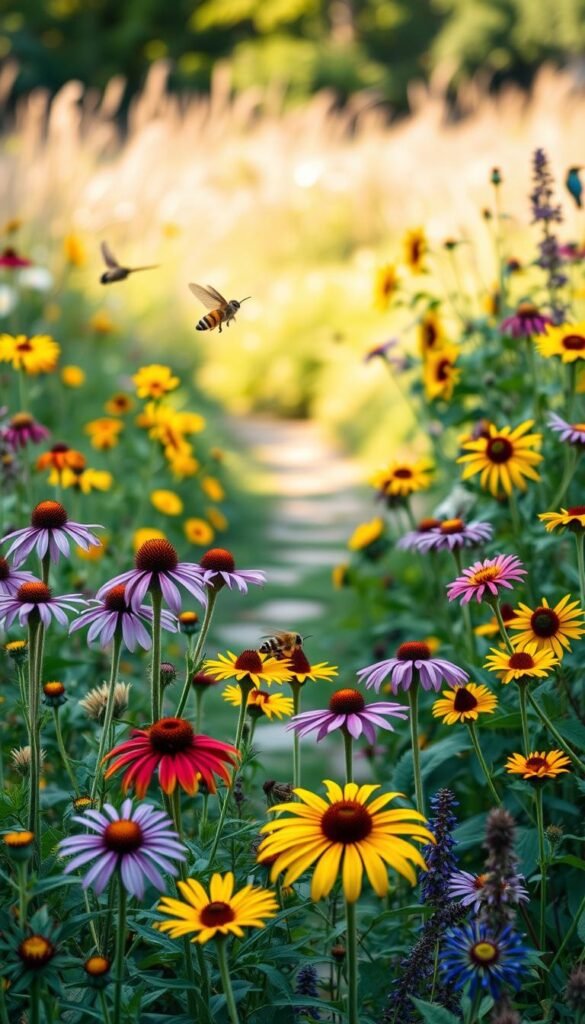 A lush, vibrant native plant garden set against a soft, blurred background. In the foreground, an array of colorful blooms including purple coneflowers, yellow sunflowers, and pink milkweed attract a diverse array of pollinators - bees, butterflies, and hummingbirds. The middle ground features a meandering path through the garden, inviting exploration. The lighting is natural and warm, creating a serene and inviting atmosphere. The composition captures the beauty and ecological benefits of a thriving pollinator-friendly garden, highlighting its importance as a haven for vital species.