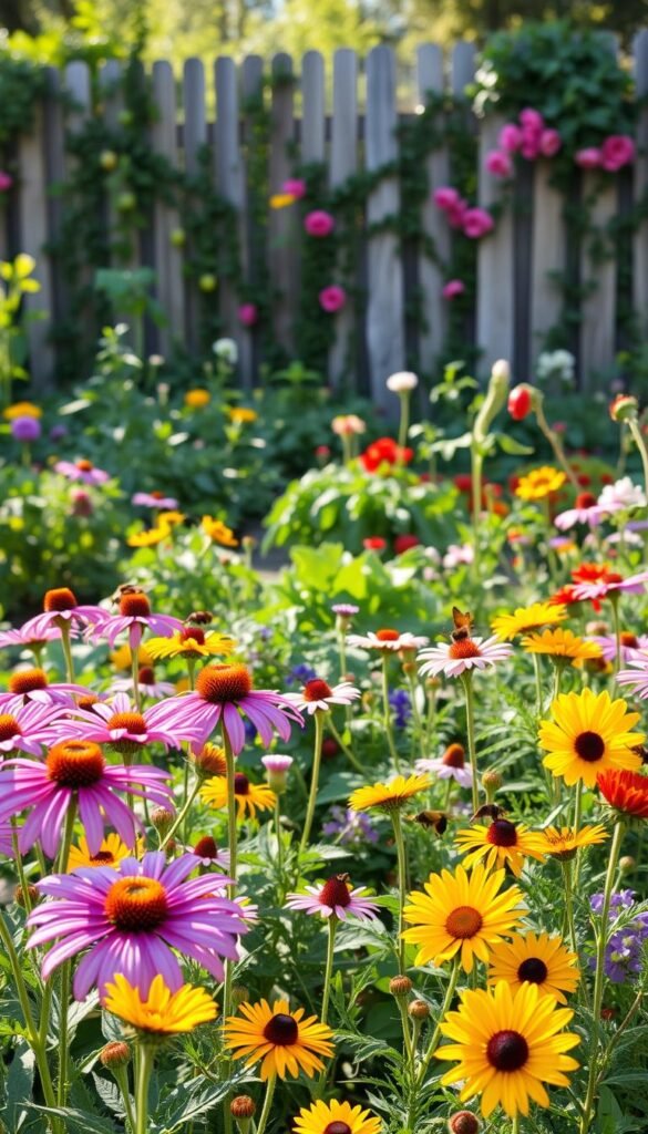 A lush, vibrant pollinator-friendly garden in warm afternoon sunlight. In the foreground, a colorful array of native flowers - purple coneflowers, yellow sunflowers, pink cosmos - bustling with bees, butterflies, and other beneficial insects. The middle ground features an organic vegetable patch, its leafy greens and juicy tomatoes interspersed with flowering herbs. In the background, a picturesque wooden fence is draped with cascading vines and climbing roses. The scene exudes a sense of harmony and balance, where beauty and bounty coexist in a thriving, eco-friendly oasis.