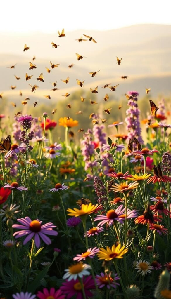 A lush, vibrant pollinator garden layout unfolds in the foreground, showcasing a harmonious arrangement of native flowering plants in various hues. In the middle ground, clusters of bees and butterflies flit from blossom to blossom, their movements captured in a dynamic, yet serene composition. The background features a gentle, sun-dappled landscape, with rolling hills and a soft, hazy horizon, creating a sense of depth and tranquility. The lighting is natural and warm, casting a golden glow over the scene, highlighting the intricate details of the flowers and the graceful flight of the pollinators. The angle is slightly elevated, providing an optimal vantage point to appreciate the carefully curated layout and the flourishing ecosystem it supports.
