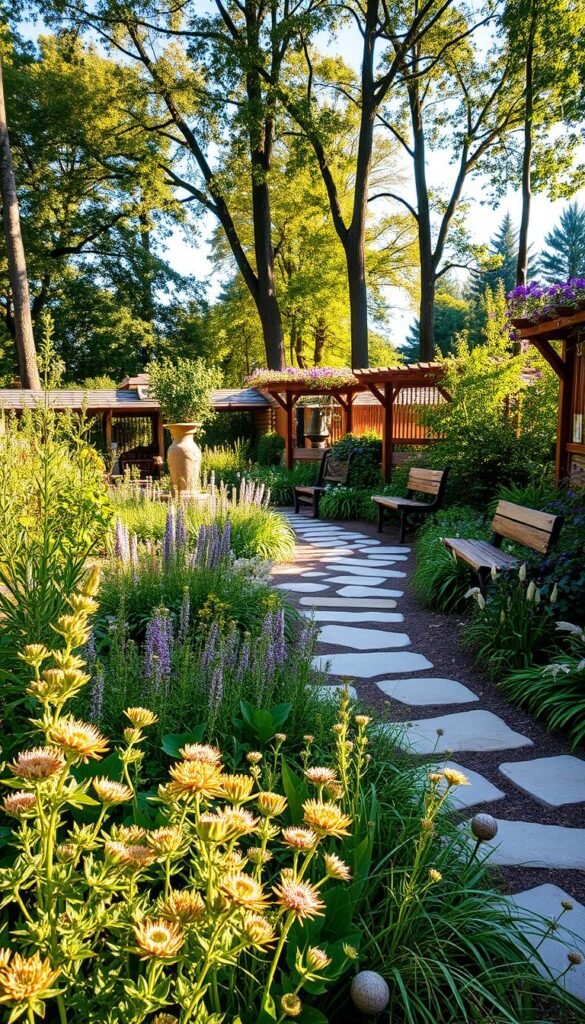A lush, vibrant sensory garden in warm afternoon sunlight. In the foreground, a diverse array of textured plants - fragrant herbs, fuzzy leaves, and delicate flowers. A smooth stone path winds through the middle ground, inviting exploration. Wooden benches and trellises create an accessible, tactile experience. Chimes and water features provide soothing sounds, while gentle breezes rustle the foliage. In the background, tall trees provide dappled shade and a sense of tranquility. The overall atmosphere is one of calm, sensory delight - a haven for all to experience and enjoy.